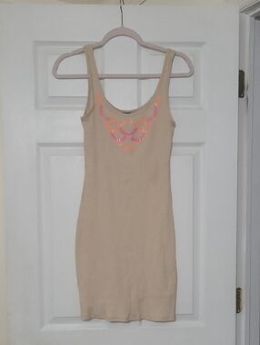 Moda International Beige Tank Dress with Neon Pink and Neon Orange Embroidery